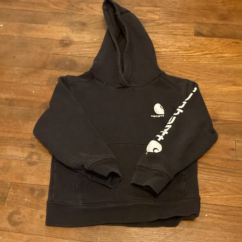 Carhartt black and white hoodie unisex boys size xs 5/6 pocket logo spell out